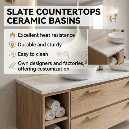 60“-96”Contemporary Oak Bathroom Vanity with Marble Countertop & LED Backlit Mirrors