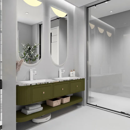 60"-96"Olive Green Floating Bathroom Vanity with Marble Top & LED Half-Moon Mirrors