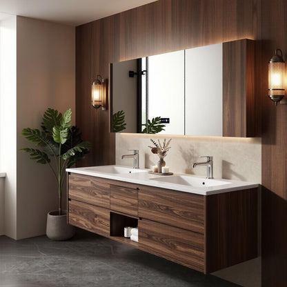 60"-96"Walnut Floating Double Bathroom Vanity with LED Medicine Cabinet & Open Shelf