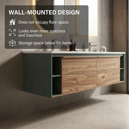 60"-96"Contemporary Floating Bathroom Vanity, Double Sink with Open Side Cabinets