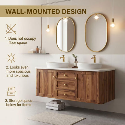 60"-96"Wood Freestanding Double Bathroom Vanity with White Top & Gold Oval LED Mirrors