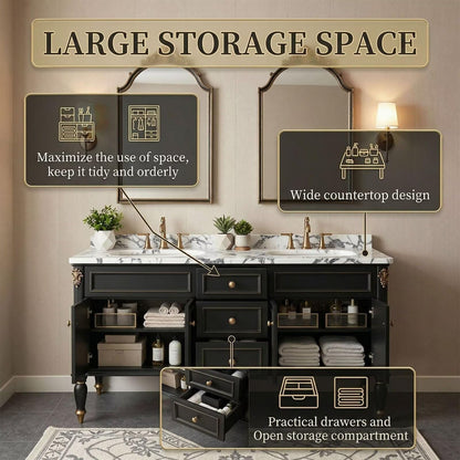 60"-96"Black Double Sink Bathroom Vanity with Marble Top & Gold Accents