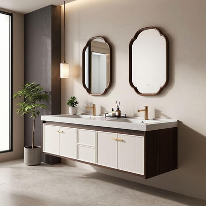 60"-96"Floating Double Bathroom Vanity with White Ribbed Doors & Arched LED Mirrors