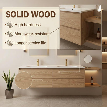 60"-96"Floating Oak Double Bathroom Vanity with White Top & Side Open Shelves