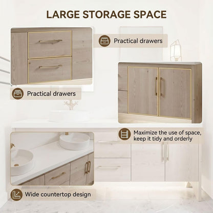 60"-96"Light Oak Bathroom Vanity with Double Vessel Sinks & Gold Hardware
