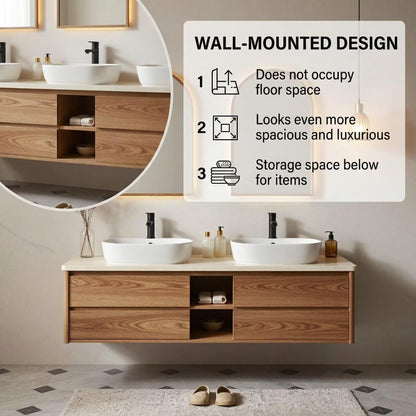 60"-96"Wall-Mounted Oak Bathroom Vanity with Double Sinks & LED Backlit Mirror