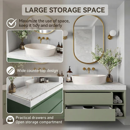 60"-96"Modern Green Bathroom Vanity with White Marble Top & Oval Gold Frame Mirrors