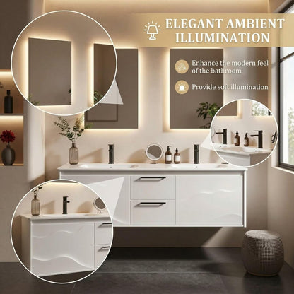 60"-96"Modern White Floating Bathroom Vanity with Double Sinks & LED Lighted Mirrors