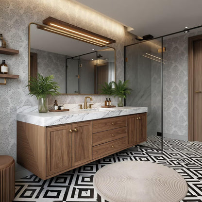 60"-96"Modern Wood Floating Vanity with Marble Countertop & LED Bathroom Mirror