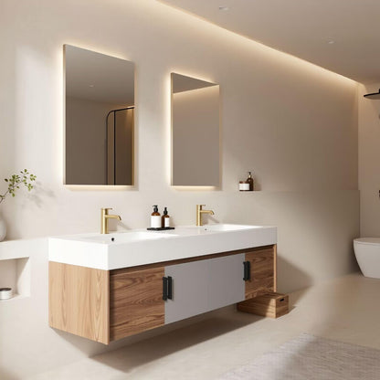 60"-96"Modern Floating Bathroom Vanity with Double Sinks, Two-Tone Cabinet & LED Backlit Mirrors