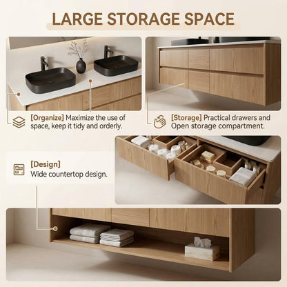 60"-96"Light Oak Bathroom Vanity with Double Sink & Wall-Mounted Drawers