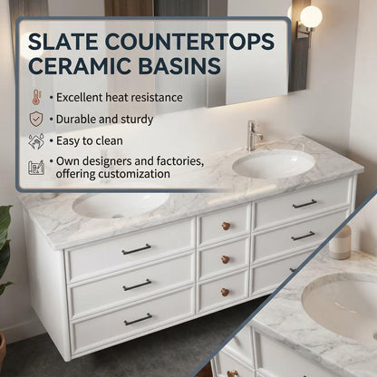 60"-96"Modern White Floating Bathroom Vanity with Double Sinks & Marble Countertop