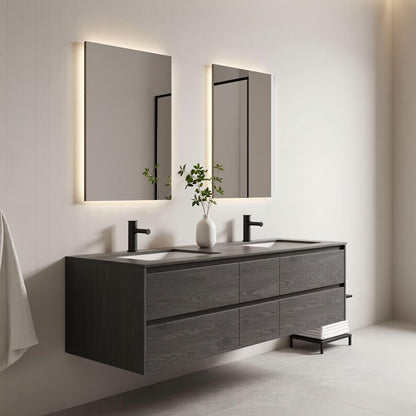 60"-96"Dark Oak Floating Bathroom Vanity with Double Sinks & LED Backlit Mirrors