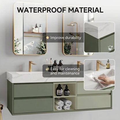 60"-96"Modern Sage Green Bathroom Vanity with Marble Top & Gold LED Mirrors