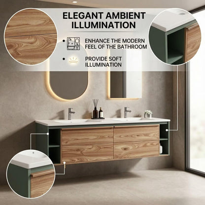 60"-96"Contemporary Floating Bathroom Vanity, Double Sink with Open Side Cabinets