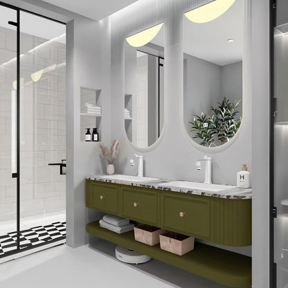 60"-96"Olive Green Floating Bathroom Vanity with Marble Top & LED Half-Moon Mirrors