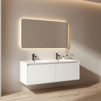 60"-96"White Floating Double Bathroom Vanity with Integrated Sinks & LED Backlit Mirror