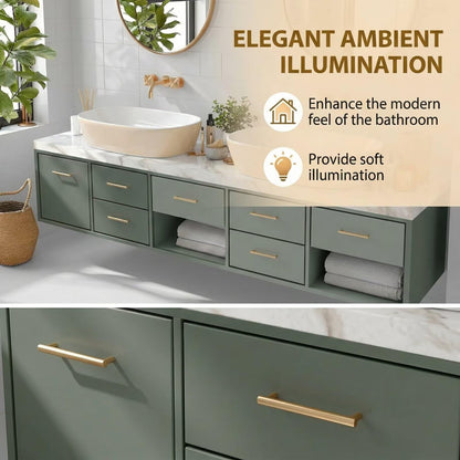 60"-96"Sage Green Floating Bathroom Vanity with Marble Top & Gold Round Mirrors