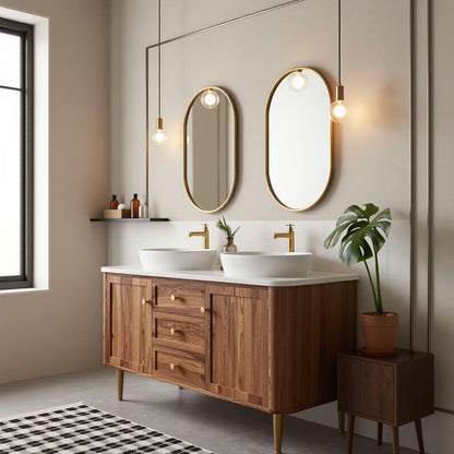 60"-96"Wood Freestanding Double Bathroom Vanity with White Top & Gold Oval LED Mirrors
