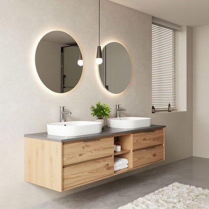 60“-96”Modern Oak Bathroom Vanity with Stone Countertop & LED Backlit Round Mirrors