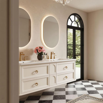 60"-96"Cream White Floating Bathroom Vanity with Double Sinks & LED Oval Mirrors