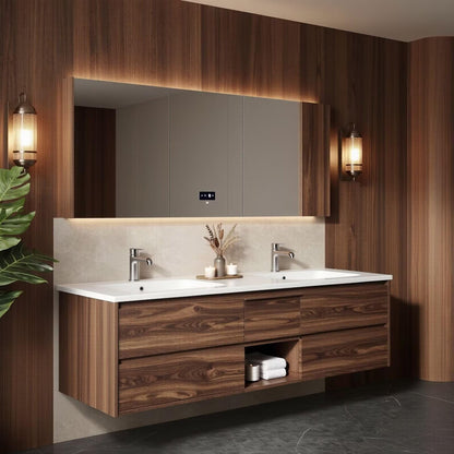 60"-96"Walnut Floating Double Bathroom Vanity with LED Medicine Cabinet & Open Shelf