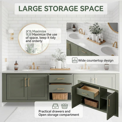 60"-96"Contemporary Sage Green Vanity with Gold Trim, Drawers & Open Shelf