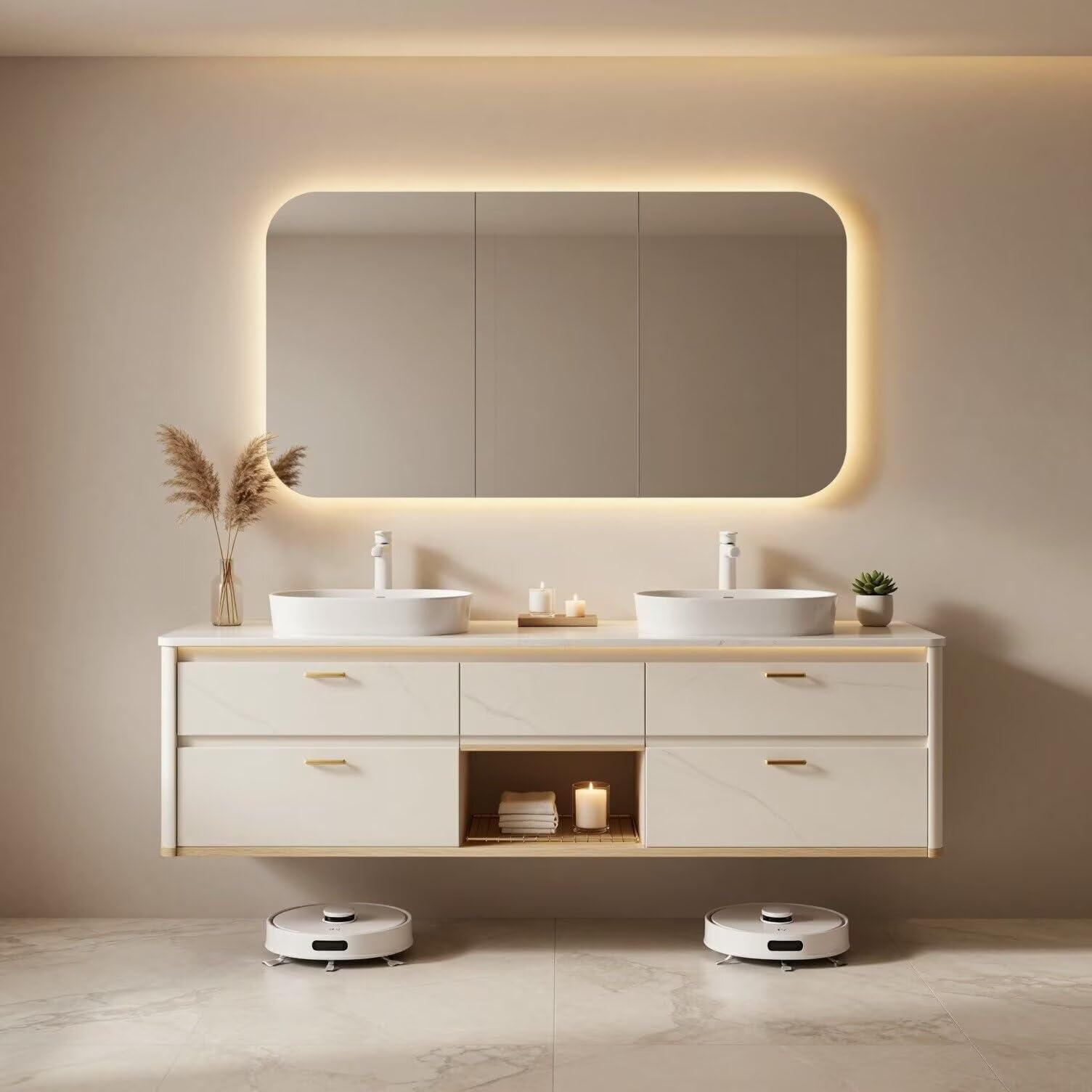 60"-96"Floating White Bathroom Vanity with Double Sink & LED Lighted Mirror