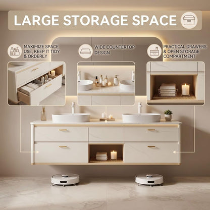 60"-96"Floating White Bathroom Vanity with Double Sink & LED Lighted Mirror