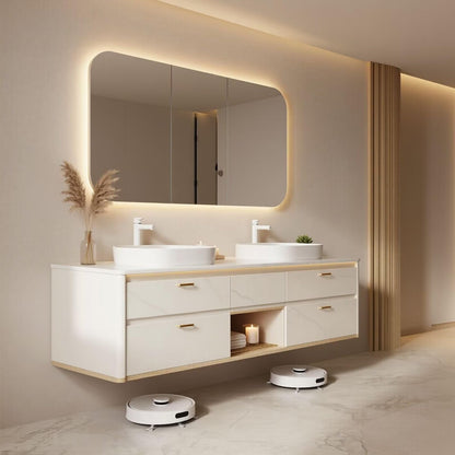 60"-96"Floating White Bathroom Vanity with Double Sink & LED Lighted Mirror