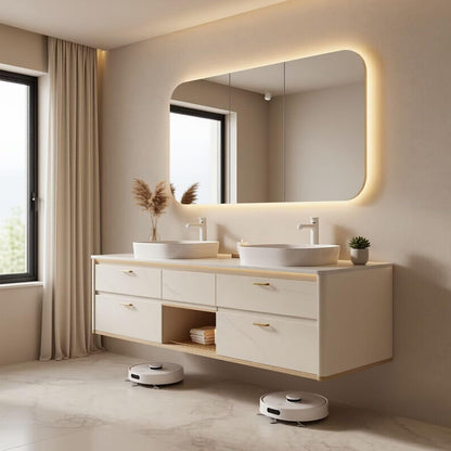 60"-96"Floating White Bathroom Vanity with Double Sink & LED Lighted Mirror