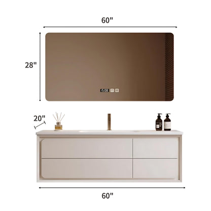 36"- 64" White Floating Bathroom Vanity Set with Defogging Mirror & Single Sink & Multi Functional Rack