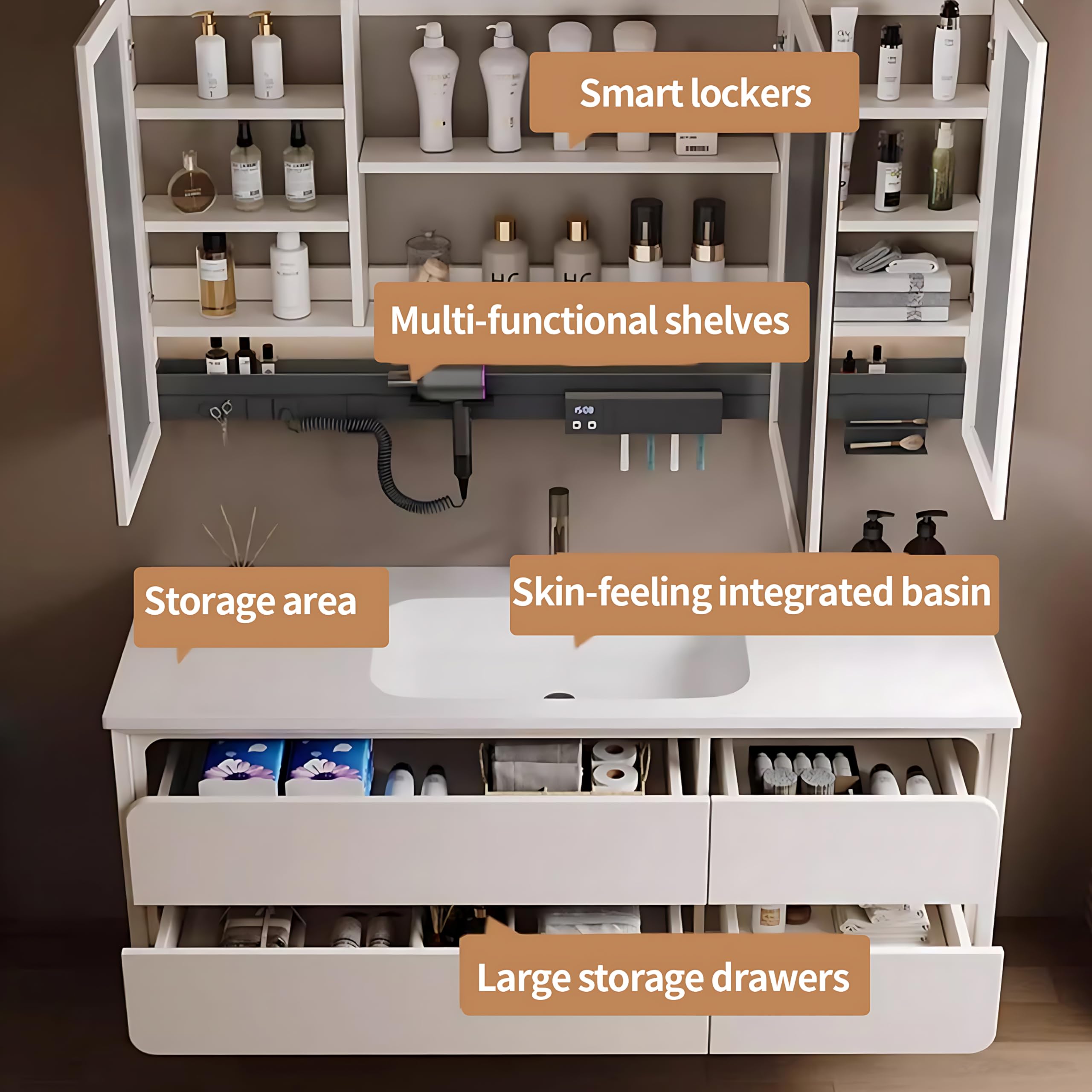 36"- 64" White Floating Bathroom Vanity Set with Defogging Mirror & Single Sink & Multi Functional Rack