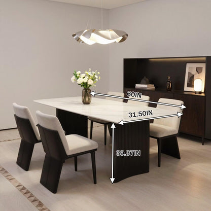 56"-88"Modern White Marble Dining Table with Black Fluted Base for 6 People