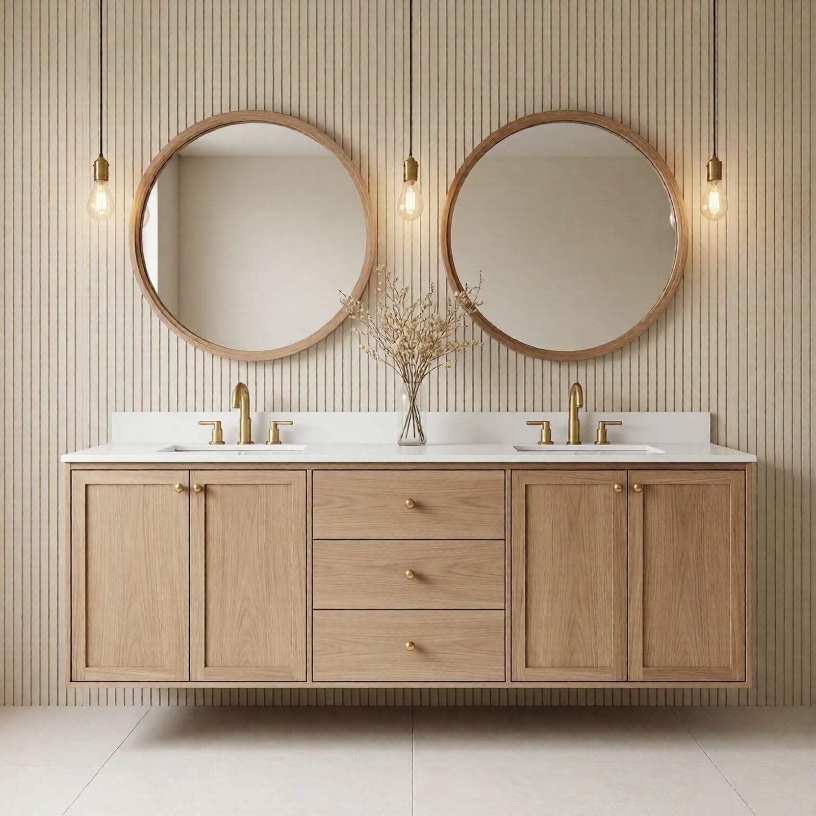 60"-96"Floating Oak Bathroom Vanity with Double Sink, Wall-Mounted Cabinet & Drawers