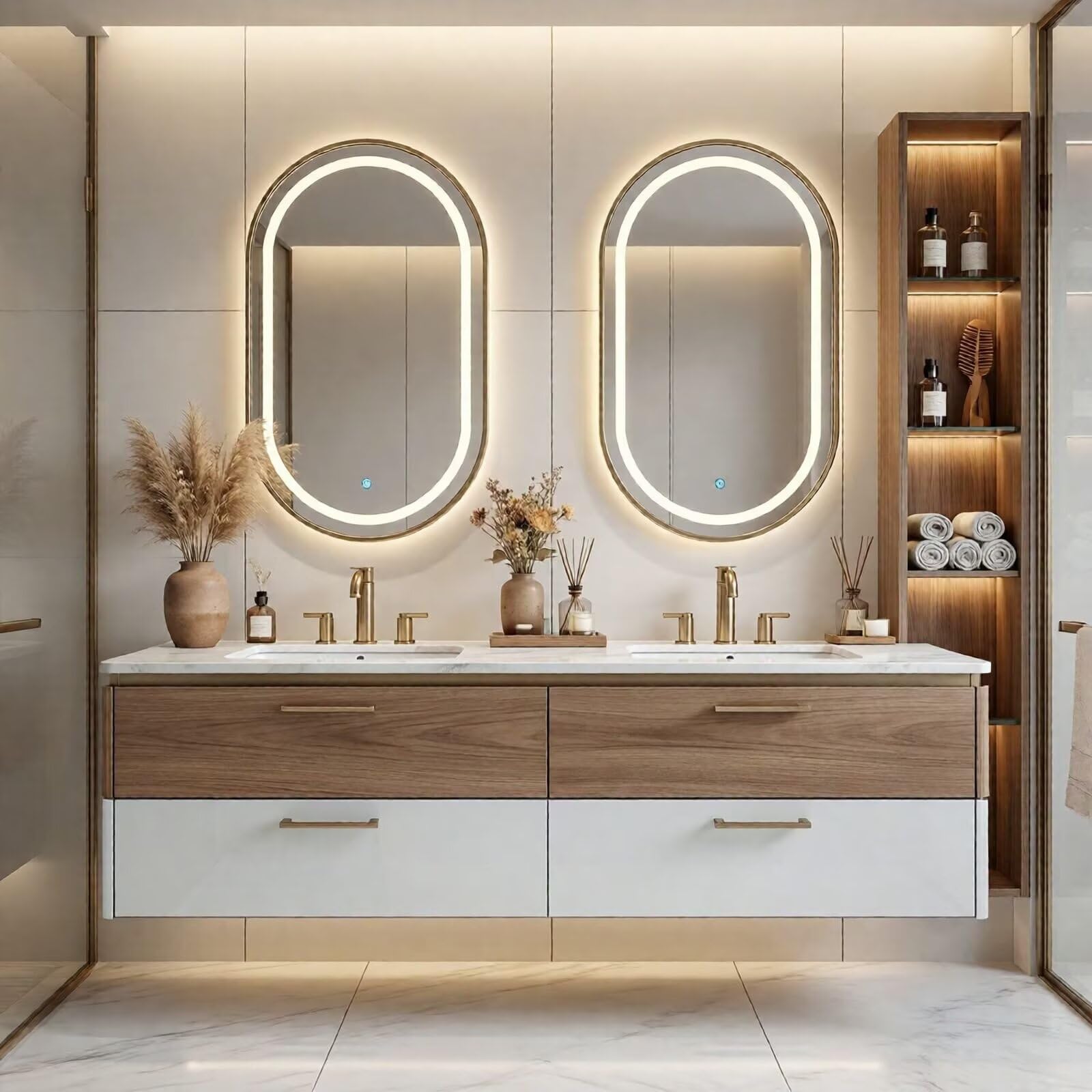 60"-96"Modern Bathroom Vanity with Double Sink, Wood-White Cabinet & Matching Side Cabinet