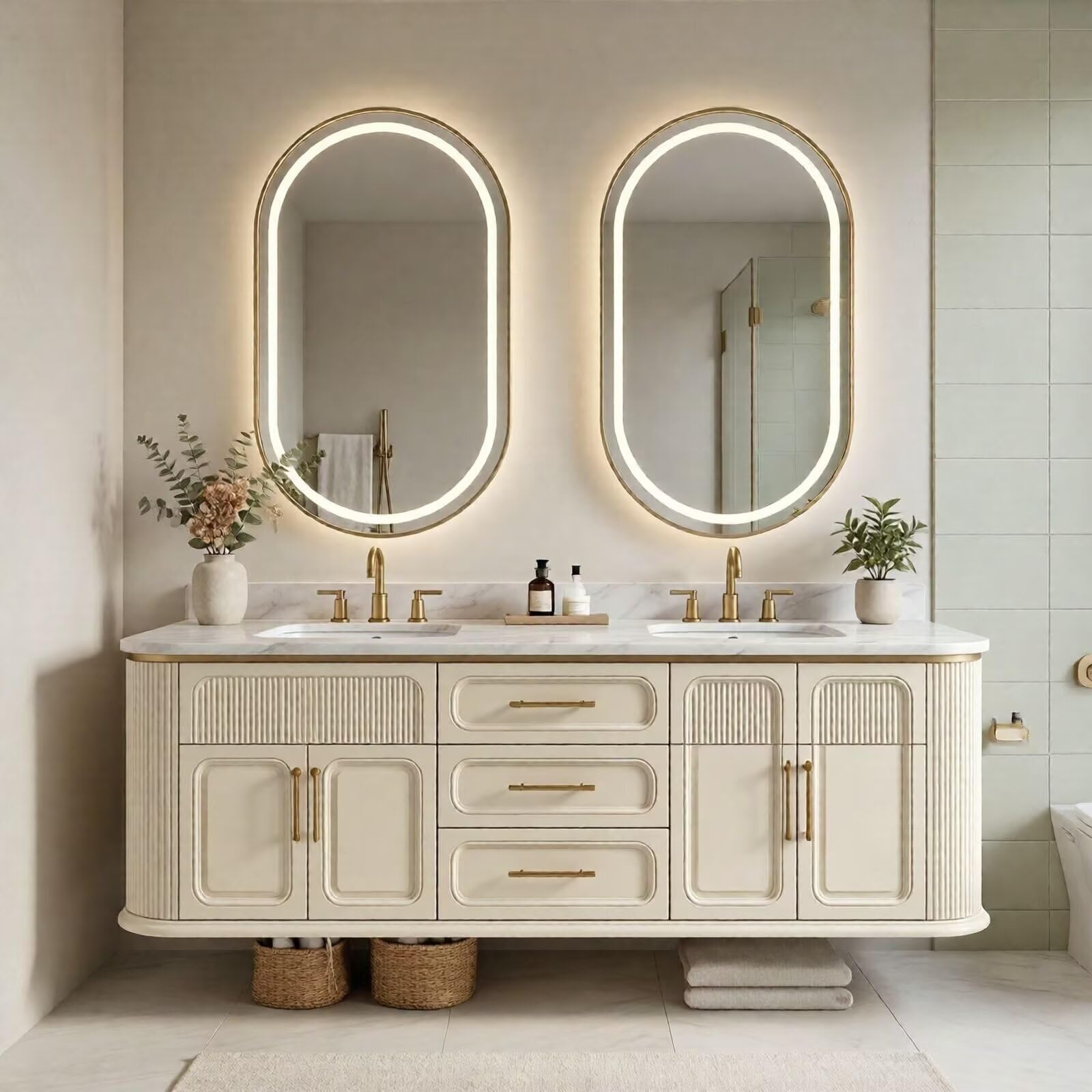 60"-96"Cream White Fluted Bathroom Vanity with Double Sink & Marble Top, Gold Hardware