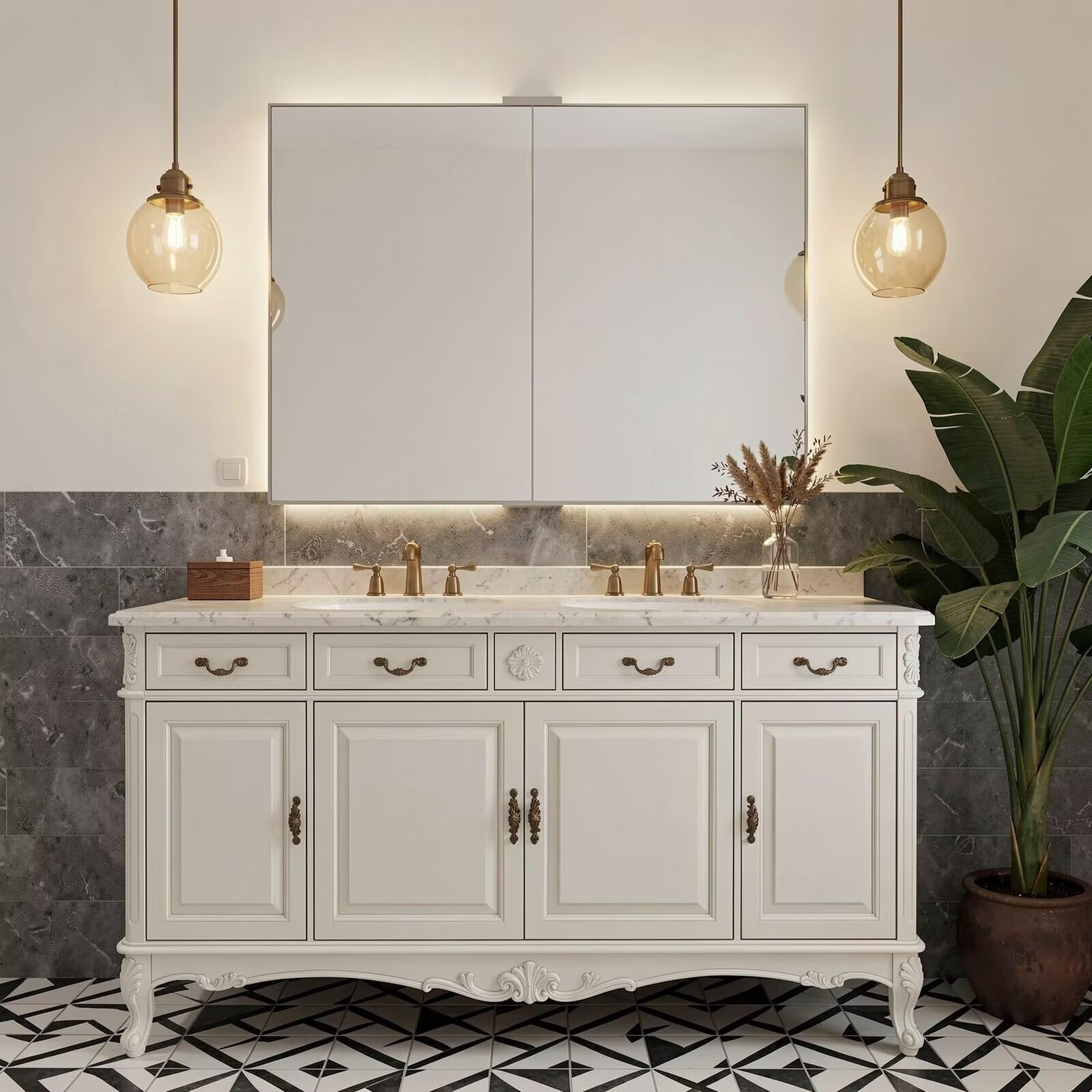60"-96"Traditional White Double Sink Bathroom Vanity with Marble Top & Ornate Carvings