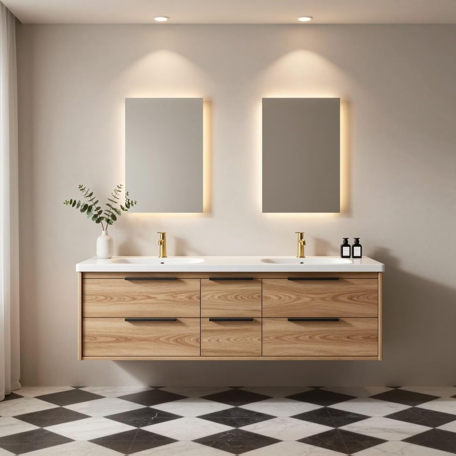 60"-96"Modern Oak Floating Bathroom Vanity with Double Sink & White Stone Countertop