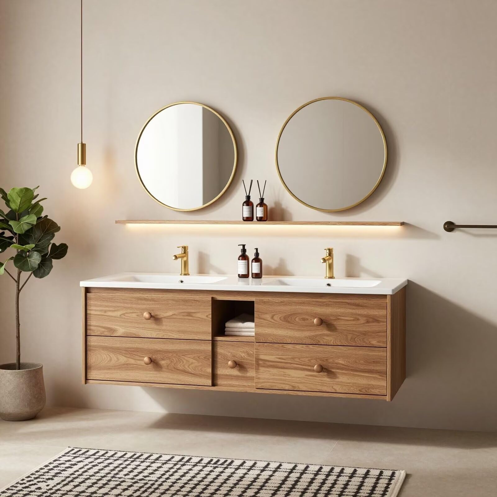 60"-96"Modern Floating Double Sink Bathroom Vanity with Storage Drawers, Oak Finish