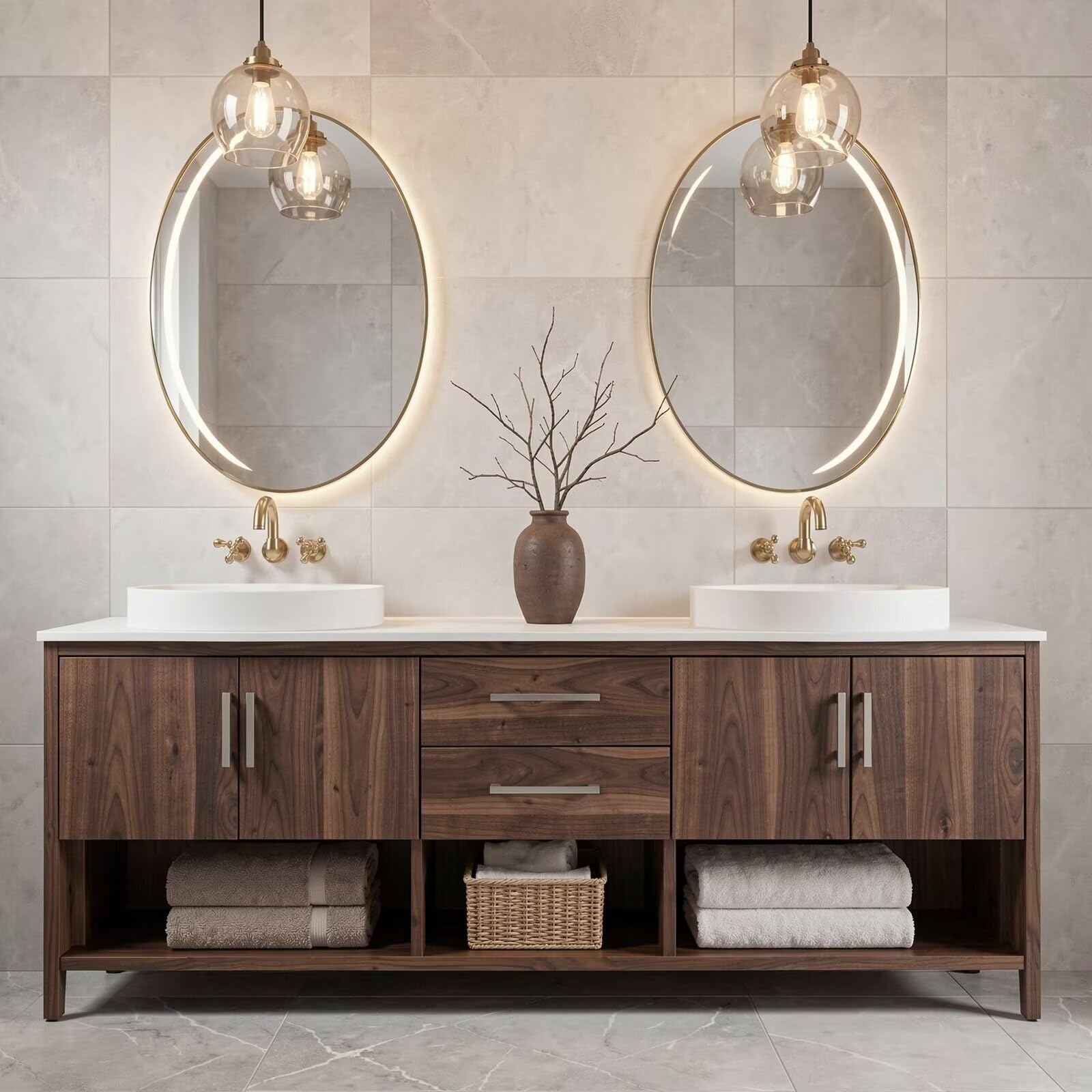 60"-96"Walnut Bathroom Vanity with Double Vessel Sinks & Storage Drawers