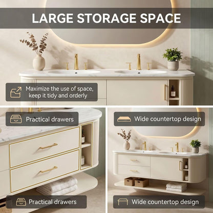 60"-96"Cream Bathroom Vanity with Double Sink, Marble Countertop & Open Shelf