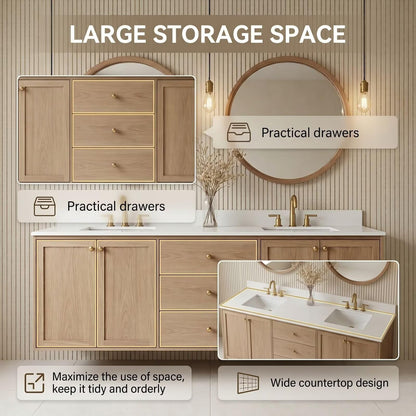 60"-96"Floating Oak Bathroom Vanity with Double Sink, Wall-Mounted Cabinet & Drawers