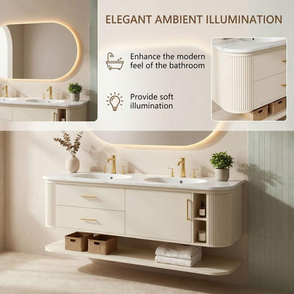 60"-96"Cream Bathroom Vanity with Double Sink, Marble Countertop & Open Shelf
