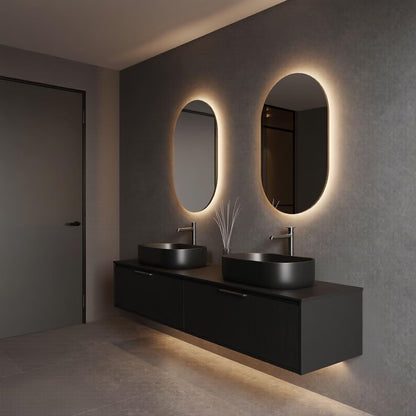 60"-96"Black Floating Bathroom Vanity with Double Vessel Sinks & LED Oval Mirrors