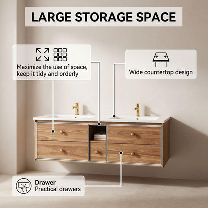 60"-96"Modern Floating Double Sink Bathroom Vanity with Storage Drawers, Oak Finish
