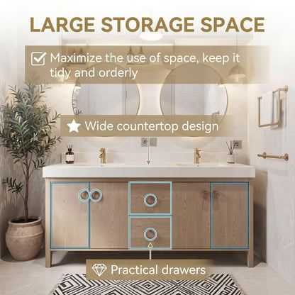60"-96"Light Oak Double Sink Bathroom Vanity with Stone Top & Soft-Close Storage