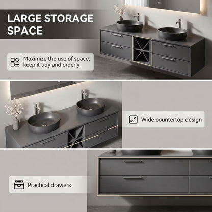 60"-96"Dark Gray Floating Bathroom Vanity with Double Vessel Sinks & Open Storage