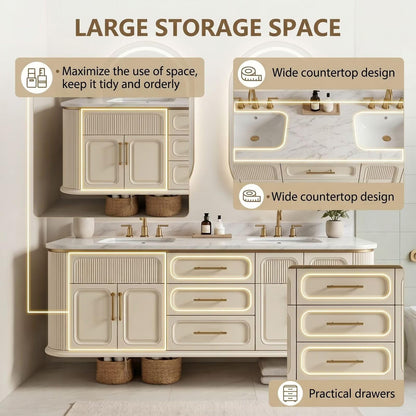 60"-96"Cream White Fluted Bathroom Vanity with Double Sink & Marble Top, Gold Hardware