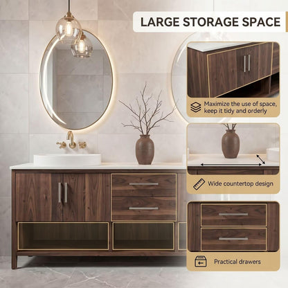 60"-96"Walnut Bathroom Vanity with Double Vessel Sinks & Storage Drawers